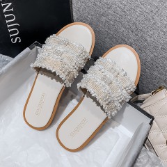 2023 New Outwear Fashion Versatile Pearl Mesh Red Summer Beach Women's Flat Bottom Large Sandal Slippers Women's 41-43