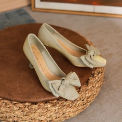 166-28 Chinese Xiuhe Bridal Shoes Sheepskin Silk Wedding Shoes Women's Square Head High Heel Shoes Bow Red Single Shoes