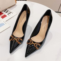 966-6 Korean Version Of Horseshoe Buckle Single Shoes For Women's Temperament, Pointed Toe Thin Heels, Large Heels, Shallow Cut Patent Leather Professional Women's Shoes