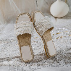 Sandals For Women's Summer 2022 New Outwear Woven Grass Woven Flat Bottom Mesh Red Beach Shoes Large 41-43